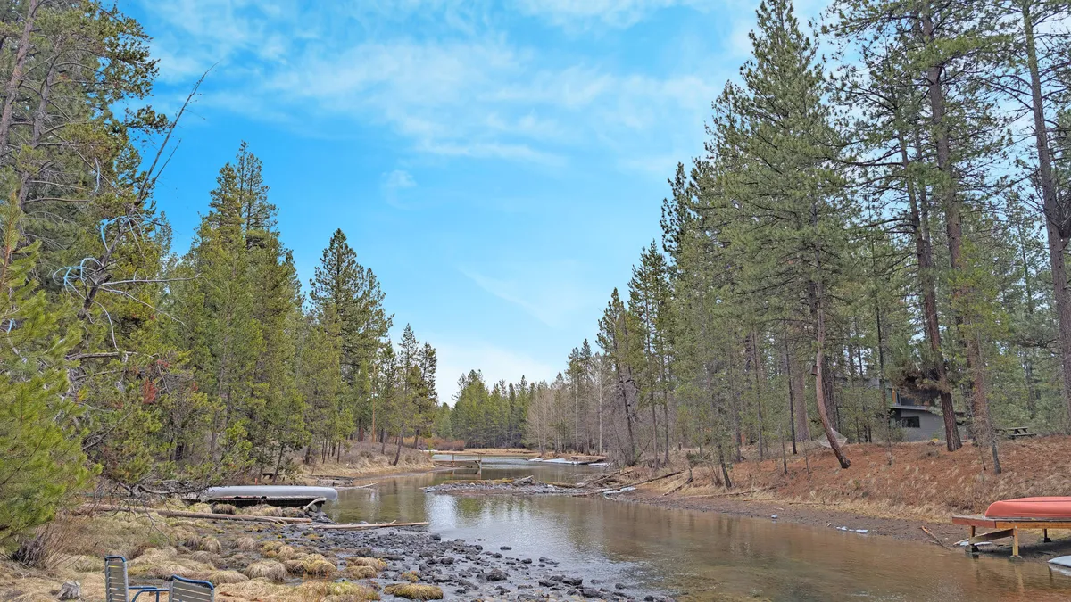A scenic river curves through a landscape of pine trees, with a distant bridge, dock, and boat visible. The calm water reflects the sky, and the setting is peaceful and undisturbed, inviting moments of wildlife watching or quiet reflection by the water’s edge.