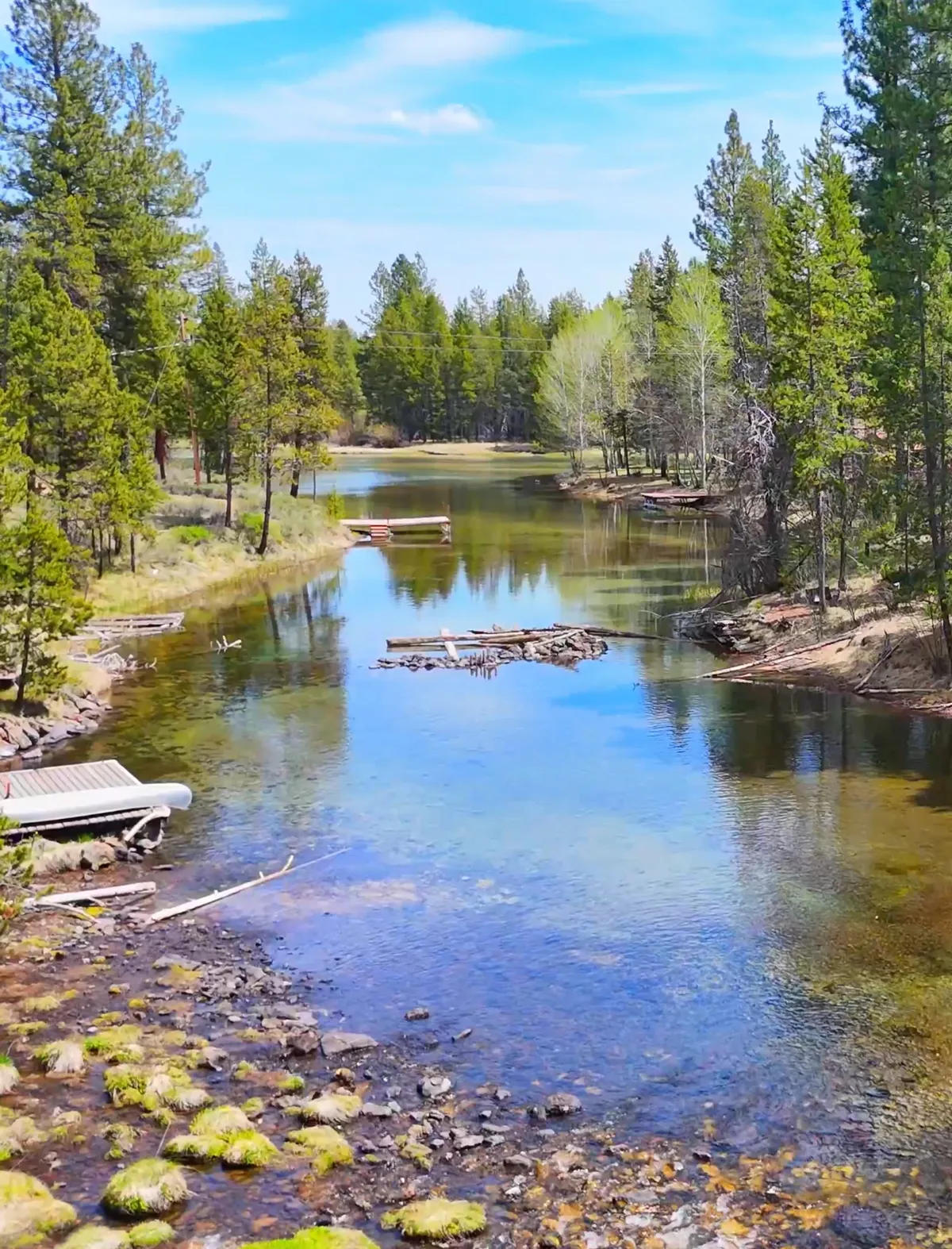 A serene water view framed by lush green trees and a rocky shoreline. There are distant boats visible, emphasizing the proximity to nature and the potential for scenic walks along the water's edge.